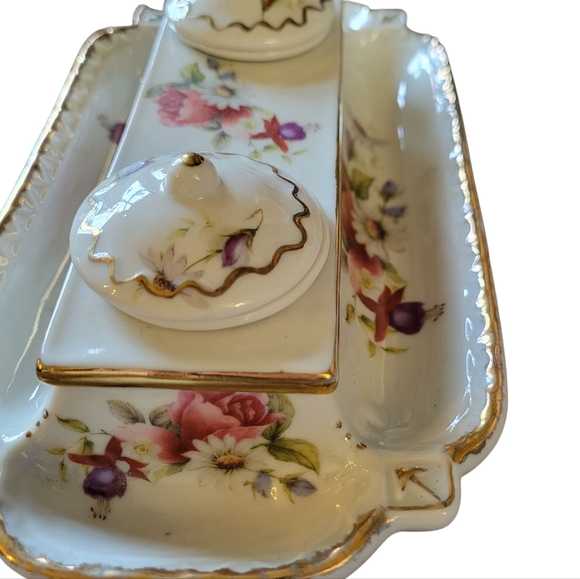 Vintage Limoge China Floral Porcelain Double Ink Well - Picture 10 of 12